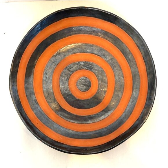 Metallic Orange Black Glazed Terracotta Ring Bowl Platter Artist Signed Tallinn - Picture 1 of 6